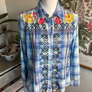 Johnny Was Embroidered Blue Plaid Button-Up Shirt with Embroidery Medium